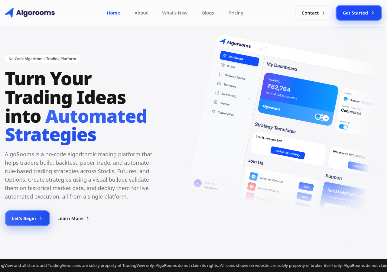 AlgoRooms platform — no-code algo trading dashboard